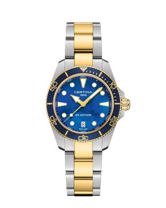 Certina DS Action 34.5mm C048.210.22.131.00 helmiäisellä taululla, valkoisella taustalla edestä