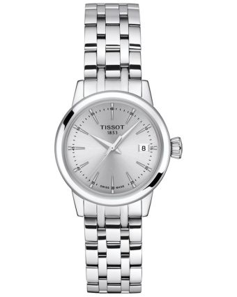 Tissot Classic Dream T129.210.11.031.00 hopeanvärisellä taululla, valkoisella taustalla edestä