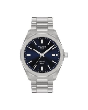 Tissot PRC 100 Solar T151.422.11.041.00 sinisellä taululla, valkoisella taustalla edestä