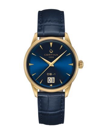 Certina DS-1 Big Date Powermatic 80 C029.426.36.041.00 sinisellä taululla, valkoisella taustalla edestä