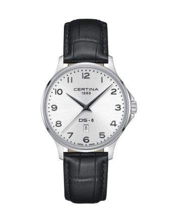 Certina DS-8 Gent 40mm C045.410.16.032.00 hopeisella taululla, valkoisella taustalla edestä