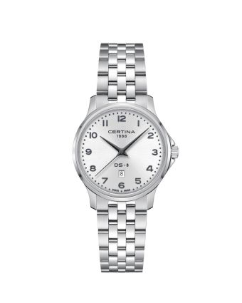 Certina DS-8 Lady 31mm C045.010.11.032.00 hopeisella taululla, valkoisella taustalla edestä