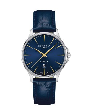 Certina DS-8 Gent 40mm C045.410.16.041.00 sinisellä taululla, valkoisella taustalla edestä