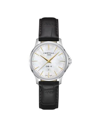 Certina DS-8 Lady 31mm C045.010.16.111.00 helmiäisellä taululla, valkoisella taustalla edestä