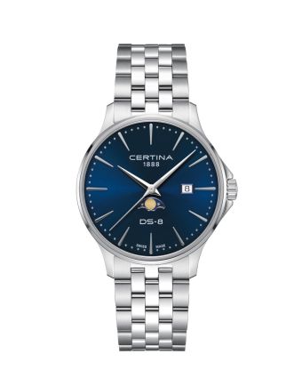 Certina DS-8 Moonphase Gent C045.423.11.041.00 sinisellä taululla, valkoisella taustalla edestä