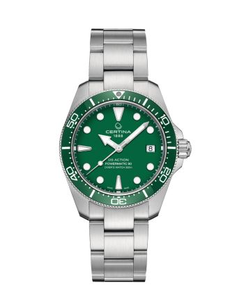 Certina DS Action Diver 38mm Powermatic 80 C048.807.11.091.00 vihre&auml;ll&auml; taululla, valkoisella taustalla edest&auml;
