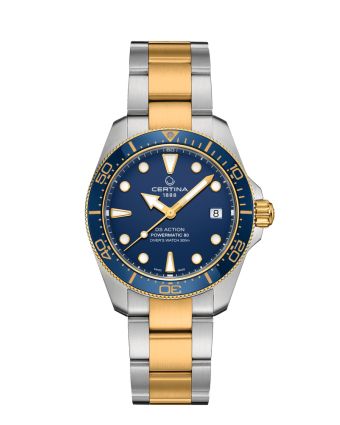 Certina DS Action Diver 38mm Powermatic 80 C048.807.22.041.00 sinisell&auml; taululla, valkoisella taustalla edest&auml;