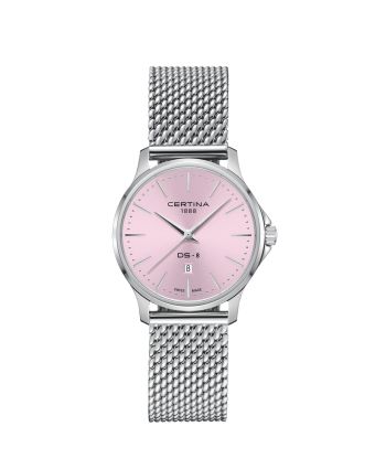 Certina DS-8 Lady 31mm C045.010.11.331.00 vaaleanpunaisella taululla, valkoisella taustalla edestä