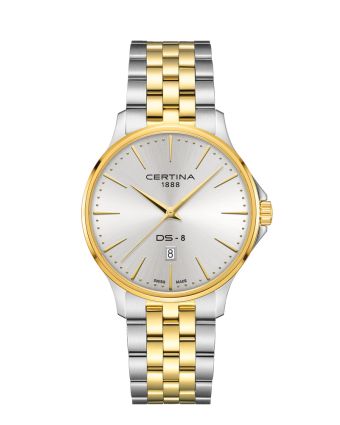 Certina DS-8 Gent 40mm C045.410.22.031.00 hopeisella taululla, valkoisella taustalla edestä