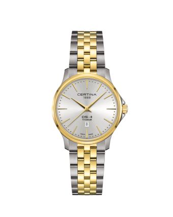 Certina DS-8 Lady 31mm C045.010.55.031.00 hopeisella taululla, valkoisella taustalla edestä