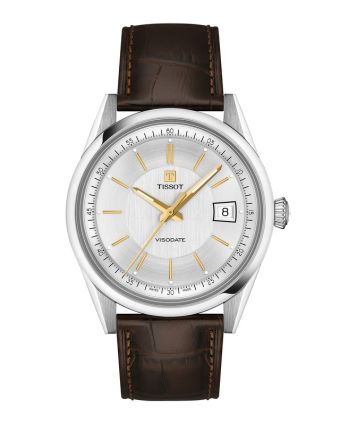 Tissot Visodate 39 mm hopeanv&auml;rinen taulu, nahkaranneke T157.407.16.031.00