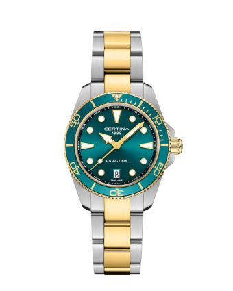 Certina DS Action 34.5mm C048.210.22.091.00 vihreällä taululla, valkoisella taustalla edestä