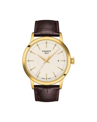 Tissot Classic Dream 42 mm norsunluunvalkoinen taulu, ruskea nahkaranneke T129.410.36.261.00