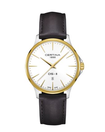 Certina DS-8 Gent 40mm C045.410.26.031.00 hopeisella taululla, valkoisella taustalla edestä