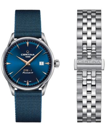 Certina DS-1 Powermatic 80 C029.807.11.041.02 sinisellä taululla, vaihtorannekkeen kanssa