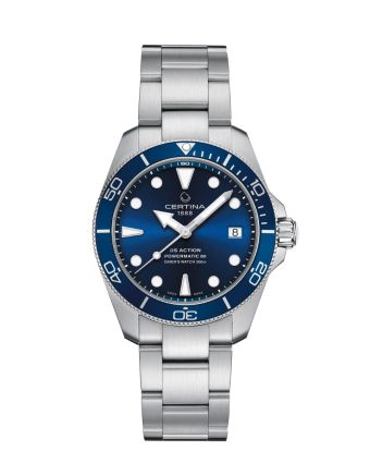 Certina DS Action Diver 38mm Powermatic 80 C032.807.11.041.00 sinisellä taululla, valkoisella taustalla edestä