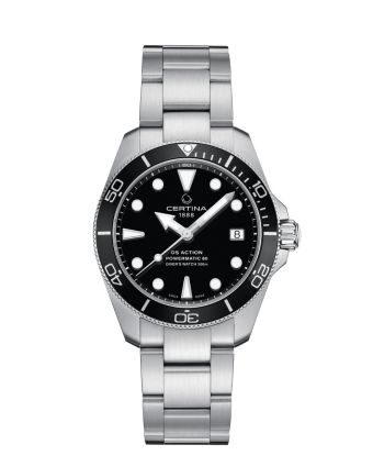 Certina DS Action Diver 38mm Powermatic 80 C032.807.11.051.00 mustalla taululla, valkoisella taustalla edestä