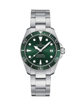 Certina DS Action Diver 38mm Powermatic 80 C032.807.11.091.00 vihreällä taululla, valkoisella taustalla edestä