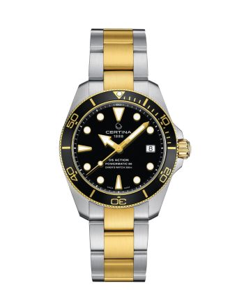 Certina DS Action Diver 38mm Powermatic 80 C032.807.22.051.00 mustalla taululla, valkoisella taustalla edestä