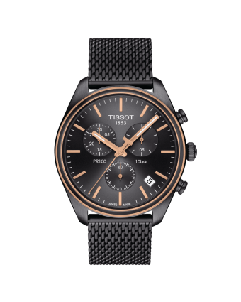Tissot PR 100 T101.417.23.061.00 antrasiitinvärisellä taululla, valkoisella taustalla edestä