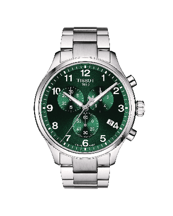 Tissot Chrono XL Classic T116.617.11.092.00 vihreällä taululla, valkoisella taustalla edestä
