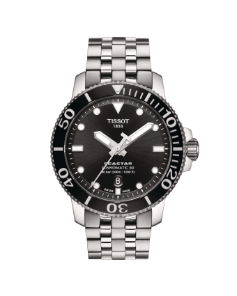 Tissot Seastar 1000 Powermatic 80 T120.407.11.051.00 mustalla taululla, valkoisella taustalla edestä