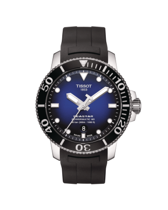 Tissot Seastar 1000 Powermatic 80 T120.407.17.041.00 sinisellä taululla, valkoisella taustalla edestä