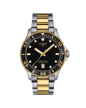 Tissot Seastar 1000 T120.410.22.051.00 mustalla taululla, valkoisella taustalla edestä
