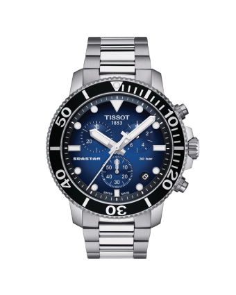 Tissot Seastar 1000 Chronograph T120.417.11.041.01 sinisellä taululla, valkoisella taustalla edestä