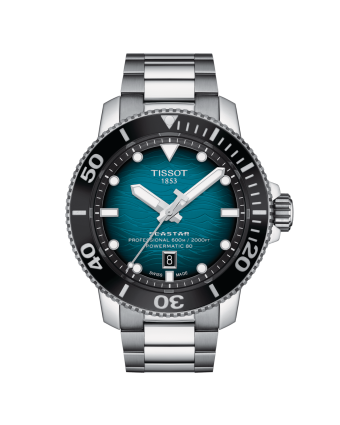 Tissot Seastar 2000 Powermatic 80 T120.607.11.041.00 sinisellä taululla, valkoisella taustalla edestä
