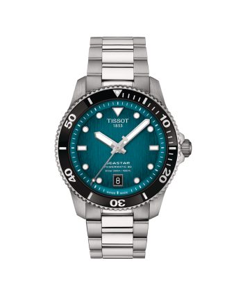 Tissot Seastar 1000 Powermatic 80 T120.807.11.091.00 vihreällä taululla, valkoisella taustalla edestä