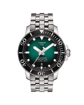 Tissot Seastar 1000 Powermatic 80 T120.407.11.091.01 vihreällä taululla, valkoisella taustalla edestä