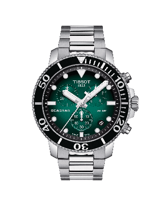Tissot Seastar 1000 Chronograph T120.417.11.091.01 vihreällä taululla, valkoisella taustalla edestä