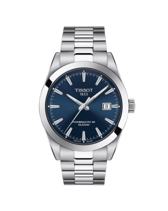 Tissot Gentleman T127.407.11.041.00 sinisellä taululla, valkoisella taustalla edestä