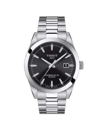 Tissot Gentleman T127.407.11.051.00 mustalla taululla, valkoisella taustalla edestä