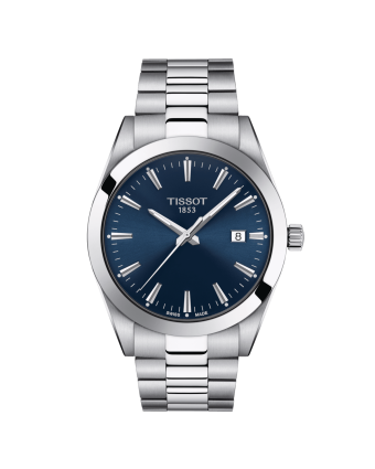 Tissot Gentleman T127.410.11.041.00 sinisellä taululla, valkoisella taustalla edestä