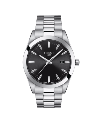 Tissot Gentleman T127.410.11.051.00 mustalla taululla, valkoisella taustalla edestä