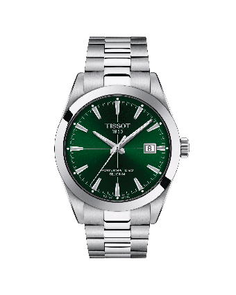 Tissot Gentleman T127.407.11.091.01 vihreällä taululla, valkoisella taustalla edestä