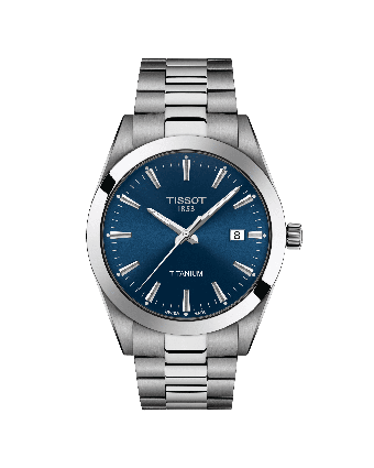 Tissot Gentleman T127.410.44.041.00 sinisellä taululla, valkoisella taustalla edestä