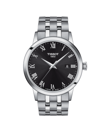Tissot Classic Dream T129.410.11.053.00 mustalla taululla, valkoisella taustalla edestä