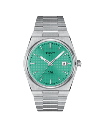 Tissot PRX Powermatic 80 T137.407.11.091.01 vaaleanvihreällä taululla, valkoisella taustalla edestä