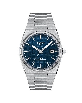 Tissot PRX Powermatic 80 T137.407.11.041.00 sinisellä taululla, valkoisella taustalla edestä