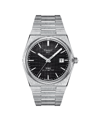 Tissot PRX Powermatic 80 T137.407.11.051.00 mustalla taululla, valkoisella taustalla edestä