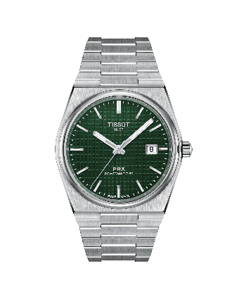 Tissot PRX Powermatic 80 T137.407.11.091.00 vihreällä taululla, valkoisella taustalla edestä