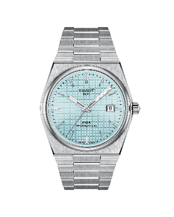 Tissot PRX Powermatic 80 T137.407.11.351.00 jäänsinisellä taululla, valkoisella taustalla edestä