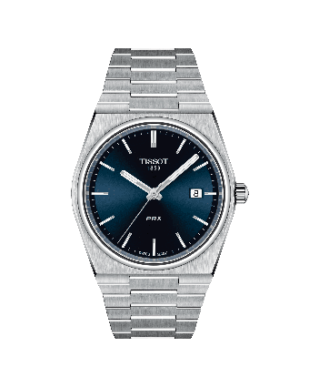 Tissot PRX T137.410.11.041.00 sinisellä taululla, valkoisella taustalla edestä
