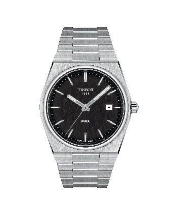 Tissot PRX T137.410.11.051.00 mustalla taululla, valkoisella taustalla edestä