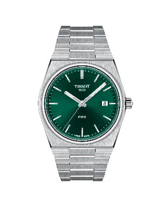 Tissot PRX T137.410.11.091.00 vihreällä taululla, valkoisella taustalla edestä