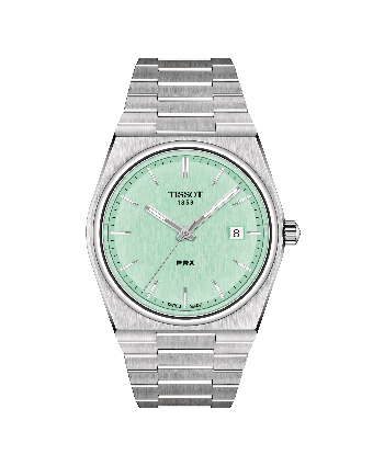 Tissot PRX T137.410.11.091.01 vaaleanvihreällä taululla, valkoisella taustalla edestä