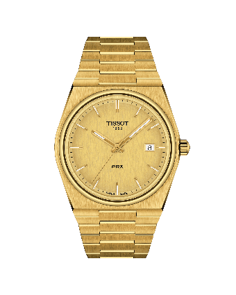 Tissot PRX T137.410.33.021.00 samppanjanvärisellä taululla, valkoisella taustalla edestä